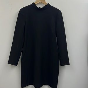 Zara open back, black high neck mini crepe dress.